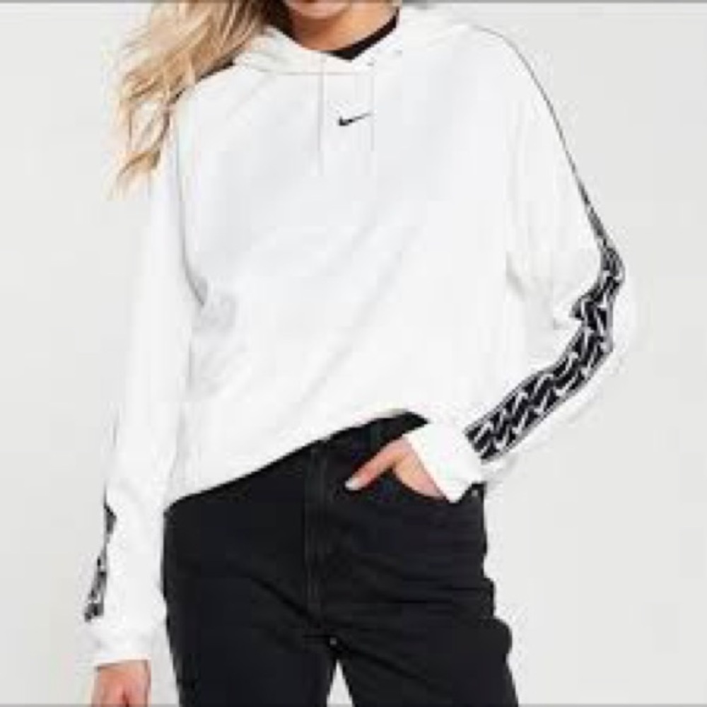 Nike Women's White Hoodie with Black Patterned Sleeves